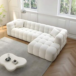 Cloudi Scandi Puffy Sofa White Boucle Fabric 3x2m Right Side