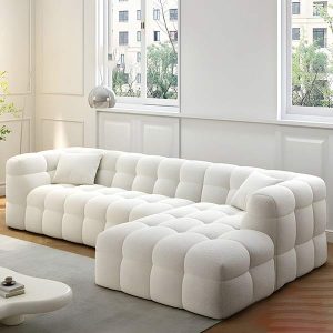 Cloudi Scandi Puffy Sofa White Boucle Fabric 3x2m Right Side